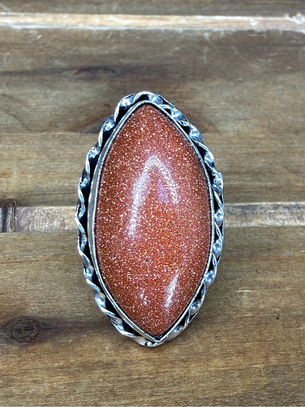 Southwestern Vintage Goldstone Gemstone Ring Size 8.5 Silver 925 Plated Boho